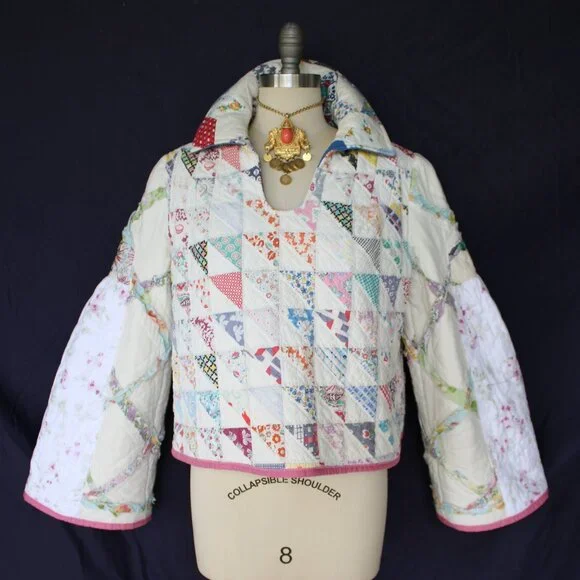 Hand crafted vintage patchwork quilt Blanket jacket tunic  sweater free people - Picture 1 of 11